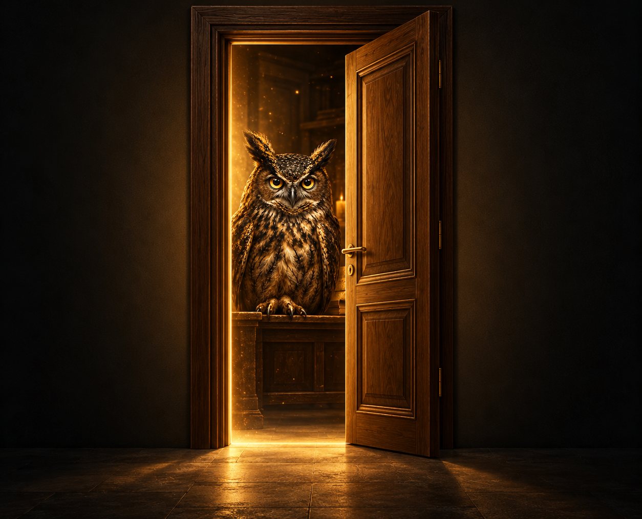 Uma porta entreaberta revela uma sala iluminada, com uma coruja pousada sobre a mesa